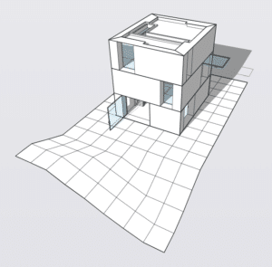 Maquette en 3D d'un bâtiment et du terrain aux alentours crée grâce au software de modélisation en 3D SketchUp