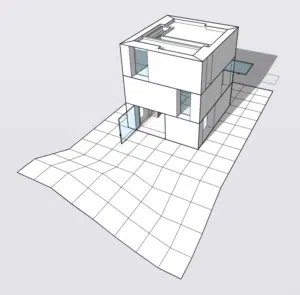 Maquette en 3D d'un bâtiment et du terrain aux alentours crée grâce au software de modélisation en 3D SketchUp