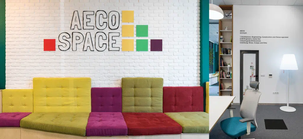 Reflet de la marque AECO Space à travers les spécifications de couleurs et de matériaux.