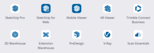 Les différents éléments et extensions comprises dans votre abonnement SketchUp Studio : SketchUp Pro, V-Ray, PreDesign, Scan Essentials, 3D Warehouse et Mobile Viewer et XR Viewer