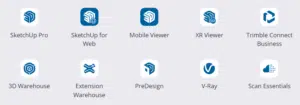 Les différents éléments et extensions comprises dans votre abonnement SketchUp Studio : SketchUp Pro, V-Ray, PreDesign, Scan Essentials, 3D Warehouse et Mobile Viewer et XR Viewer