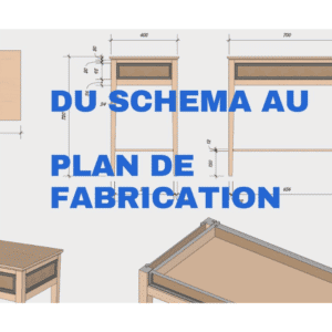 Dessiner un meuble, du schéma au plan de fabrication sur SketchUp. Plan 2D et 3D de meuble en fond.