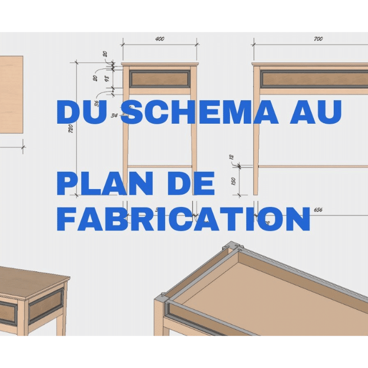 Dessiner un meuble, du schéma au plan de fabrication sur SketchUp. Plan 2D et 3D de meuble en fond.