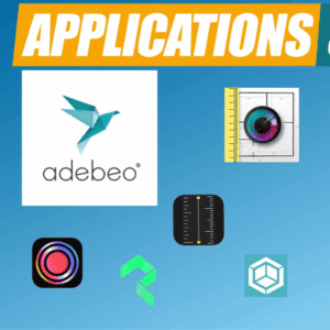 Logo Adebeo et applications de scan : CamToPlan, Scaniverse, Polycam, Mesure à Mètre et Canvas, sur SketchUp.