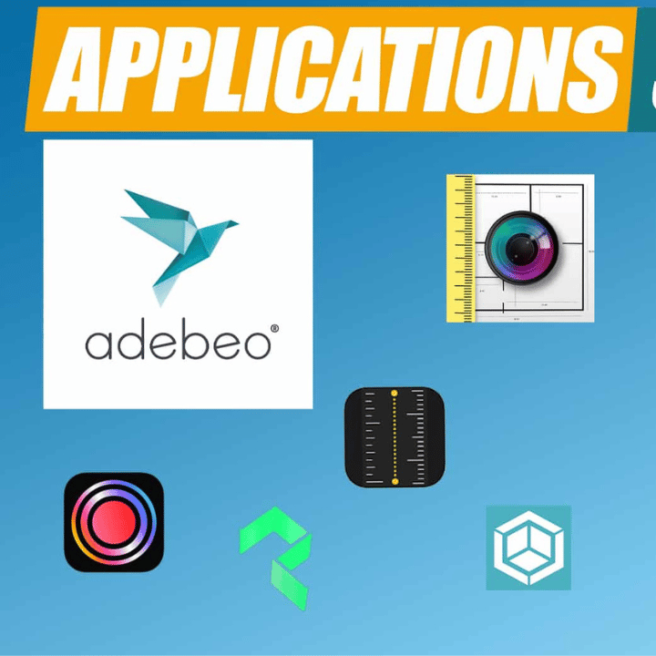 Logo Adebeo et applications de scan : CamToPlan, Scaniverse, Polycam, Mesure à Mètre et Canvas, sur SketchUp.
