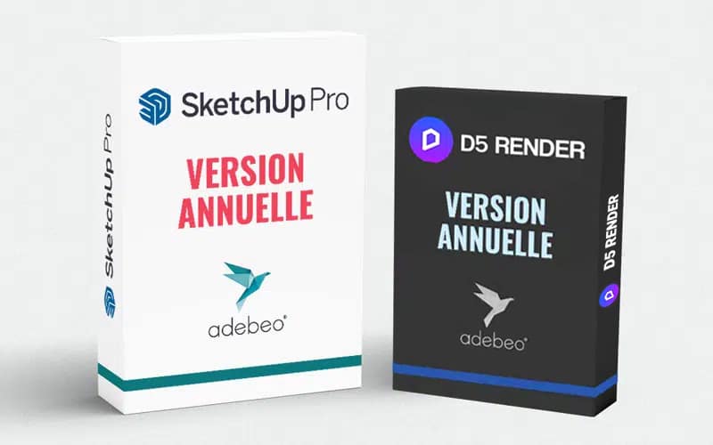 Boîtes des versions annuelles de SketchUp Pro et D5 Render par Adebeo pour la modélisation 3D et le rendu